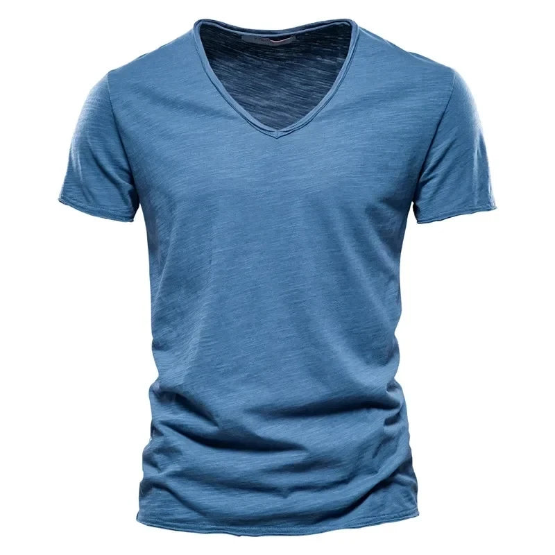 Frühling Sommer Baumwoll-T-Shirts Herren 2025 Schlichtes V-Ausschnitt Stretch Uni Neue Oberteile Kleidung Freizeit-T-Shirt Mann Streetwear Coole T-Shirts