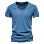 Frühling Sommer Baumwoll-T-Shirts Herren 2025 Schlichtes V-Ausschnitt Stretch Uni Neue Oberteile Kleidung Freizeit-T-Shirt Mann Streetwear Coole T-Shirts