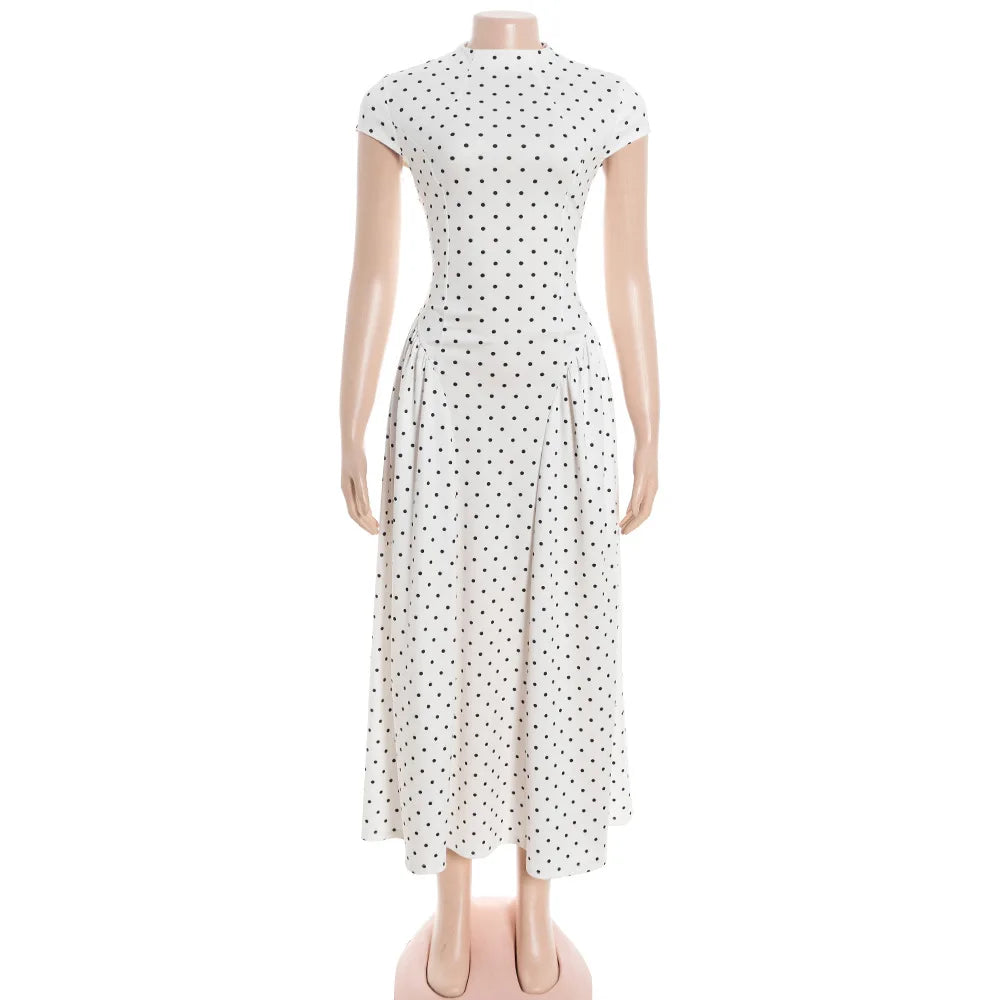 Talenza Weißes gepunktetes langes Kleid Sommer Sexy High-Waist Vintage Print Ärmelloses Kleid Lässige Party Urlaub Neues Damenkleid