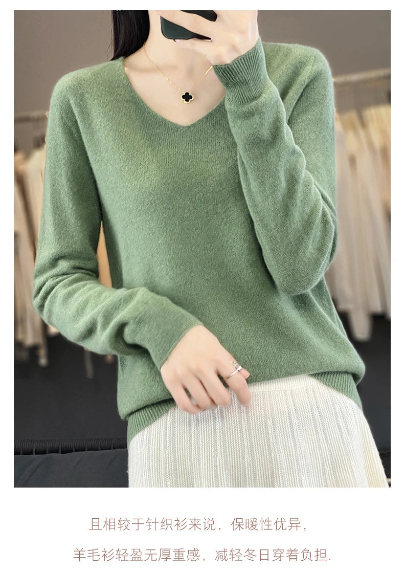 Damen 100% Merinowolle Pullover V-Ausschnitt Basic Pulli Herbst Winter Kaschmir Kleidung Langarm Weiche Strickware Oberteile Unifarben