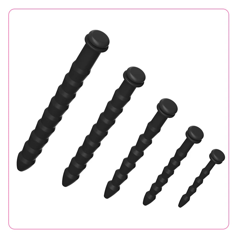 5 Größen gebogene Harnröhren-Sonde Penis-Einführung Stimulation Dilatator Keuschheitskatheter hohler Penis-Plug mit Stopper Sexspielzeug für Männer