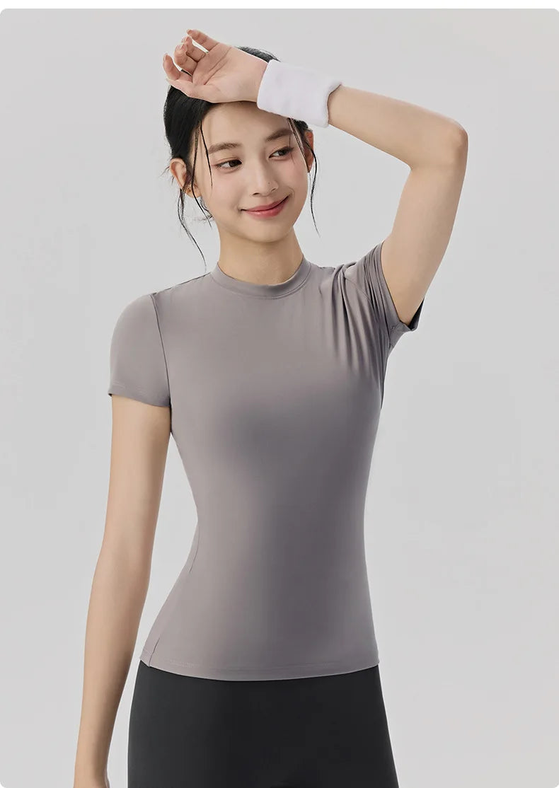 Frühlings- und Sommer-Yoga-Kleidung, kurzärmlig, nackt, eng anliegend, Fitness-Kleidung für Damen, Outdoor-Laufen, Training, Sport-T-Shirt