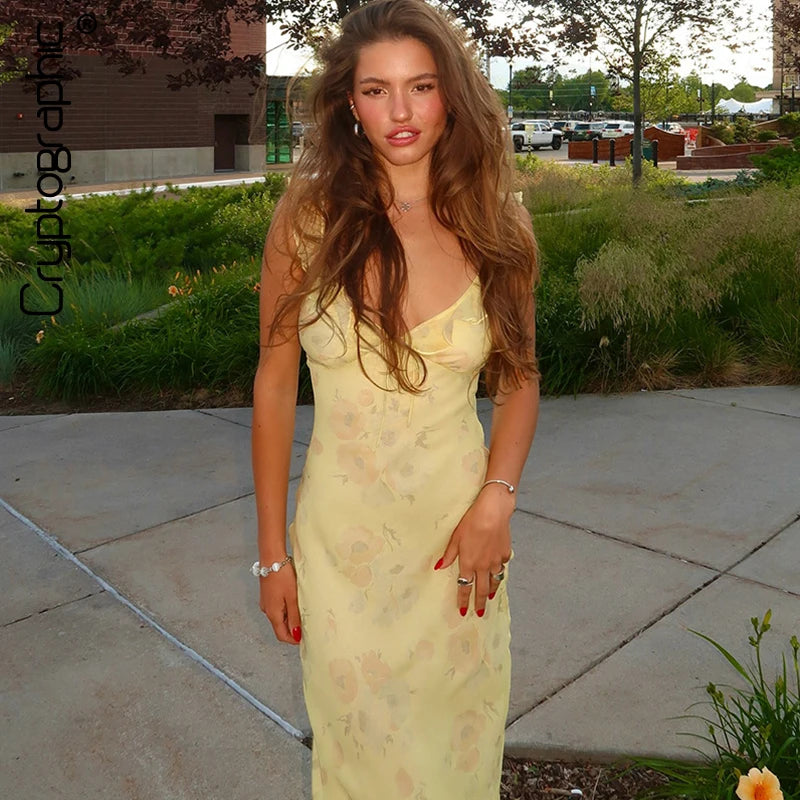 Kryptografischer Sommer Blumenmuster Plunge Maxikleid Outfits Sexy rückenfreie Feen Sonnenkleider Urlaub Strandmode Vestido Coquette Hauptbild