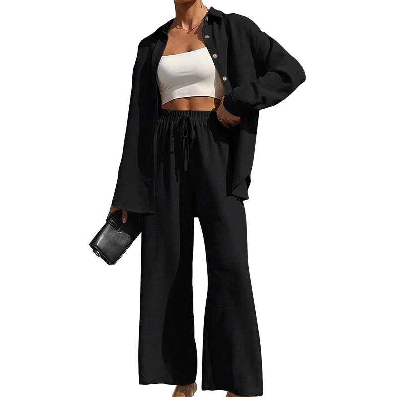 Zweiteiliges Set für Damen: Einfarbiges Hemd mit Knopfleiste und Hose mit weitem Bein und Bindedetail, lässige Bluse mit überschnittenen Schultern und langen Ärmeln & Hose