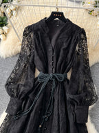Frühlings-Herbst Französisches High-End Damenkleid Neue Spitze Stickerei V-Ausschnitt Laternenärmel Einreiher Party Geburtstagskleid C192