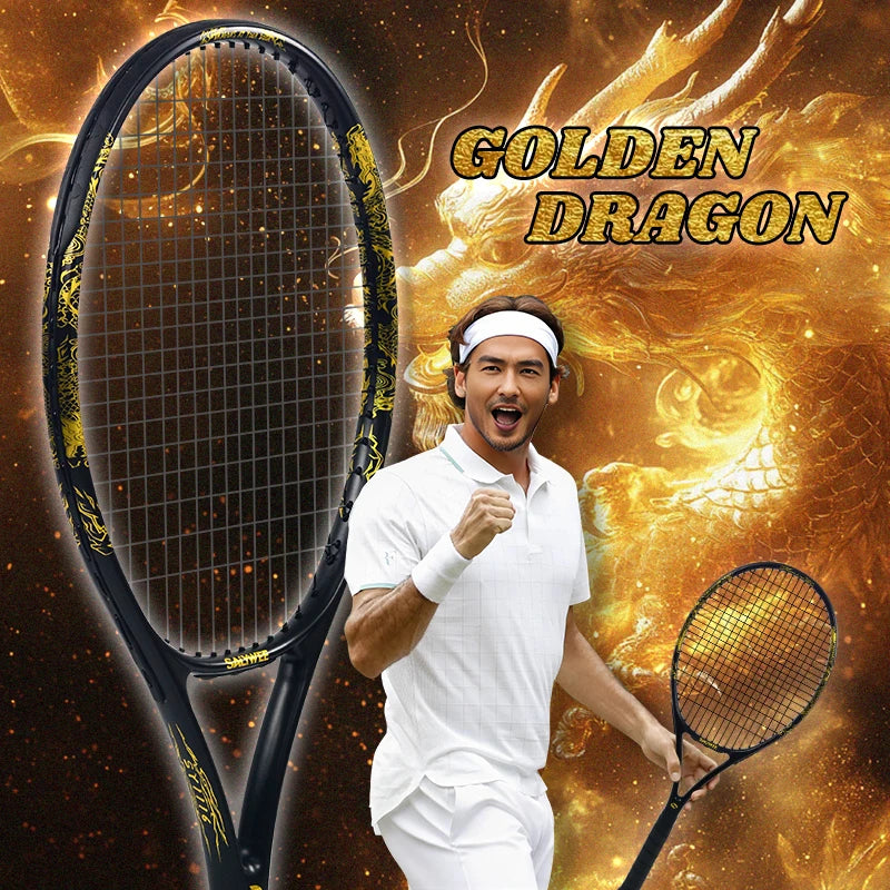 Golden-Dragon Carbonfaser Tennisschläger für Erwachsene, ideal für Fortgeschrittene, Drachen-Design im chinesischen Stil, 50–60 lbs, Gratis-Geschenke