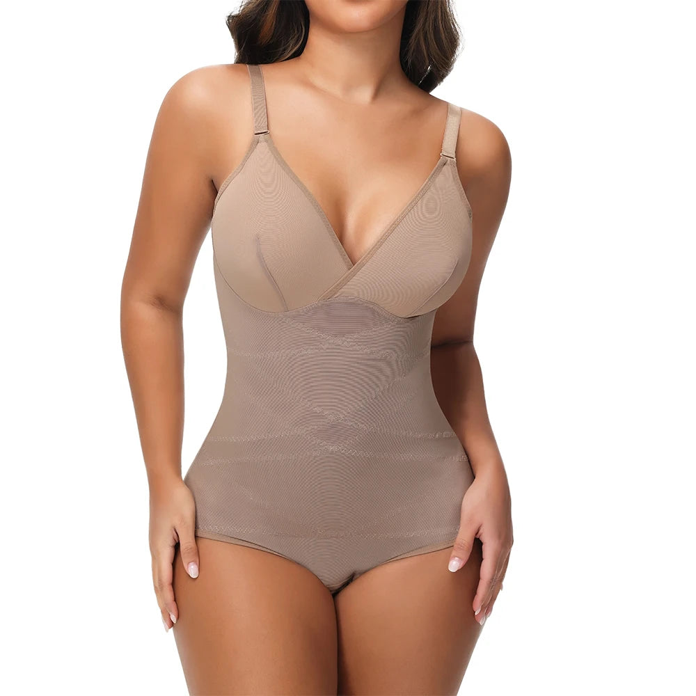 Cross Waist Tummy Control Body Shaping Bodysuit für Damen Ganzkörperkontrolle V-Ausschnitt Mesh Atmungsaktiver Slip Unterwäsche Po-Former