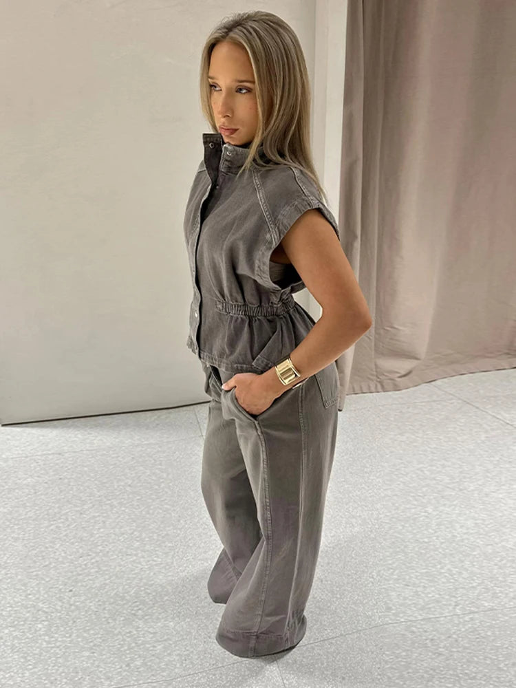 Jeansweste Lockere Lange Hose Damen Set Stehkragen Einreiher Taillierte Oberteile Hohe Taille Hose Schicke Lässige Damen Neue Sets