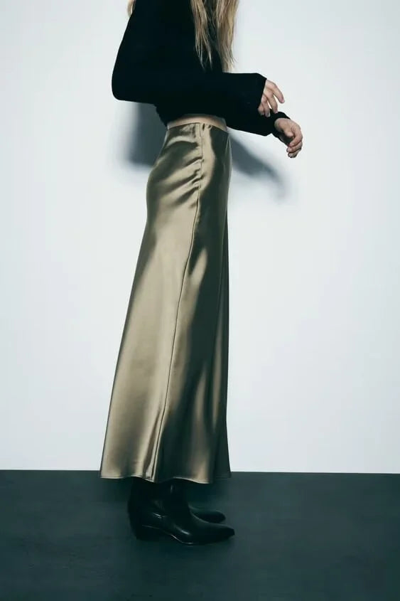ETJ 2025 Damen Frühling neue elegante Mode All-in-One Stretch High-Waist A-Linie Seidensatin Rock in mehreren Farboptionen