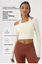 Yoga Langarm T-Shirt Damen Ein-Schulter Sexy Eng Anliegende Fitness-Oberteile Nude-Feel Schnelltrocknendes Sport Langarm Yoga Shirts