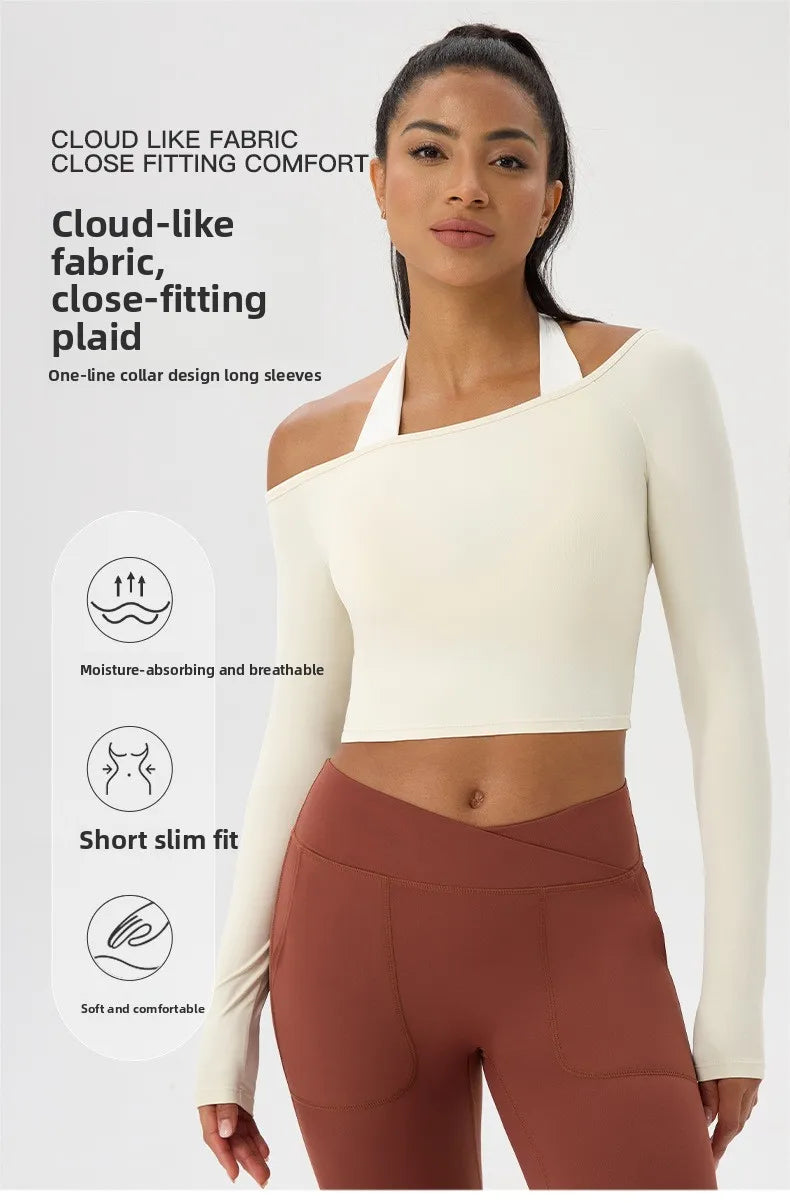 Yoga Langarm T-Shirt Damen Ein-Schulter Sexy Eng Anliegende Fitness-Oberteile Nude-Feel Schnelltrocknendes Sport Langarm Yoga Shirts