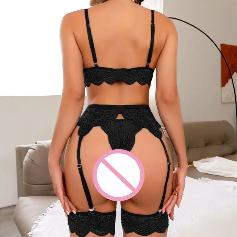 Sexy Dessous-Sets Spitze Strumpfband Ultra dünner BH Tanga Anzug Blau Intime Kleidung Frauen Unterwäsche Set mit Beinringen Höschen