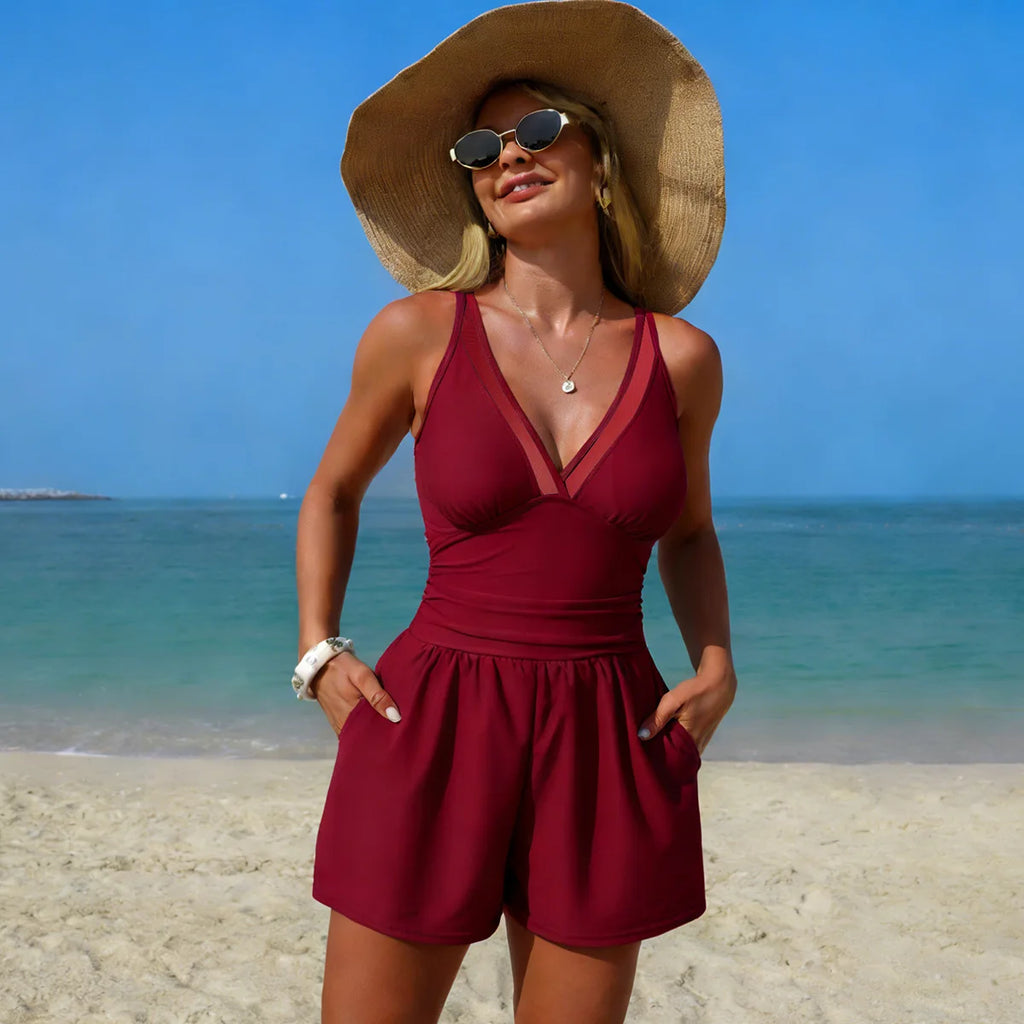 Damen Einteiliger Badeanzug Hohe Taille Bauchkontrolle Bademode mit Taschen Hochelastisch 2026 Neue Strandmode Strandbadeanzug