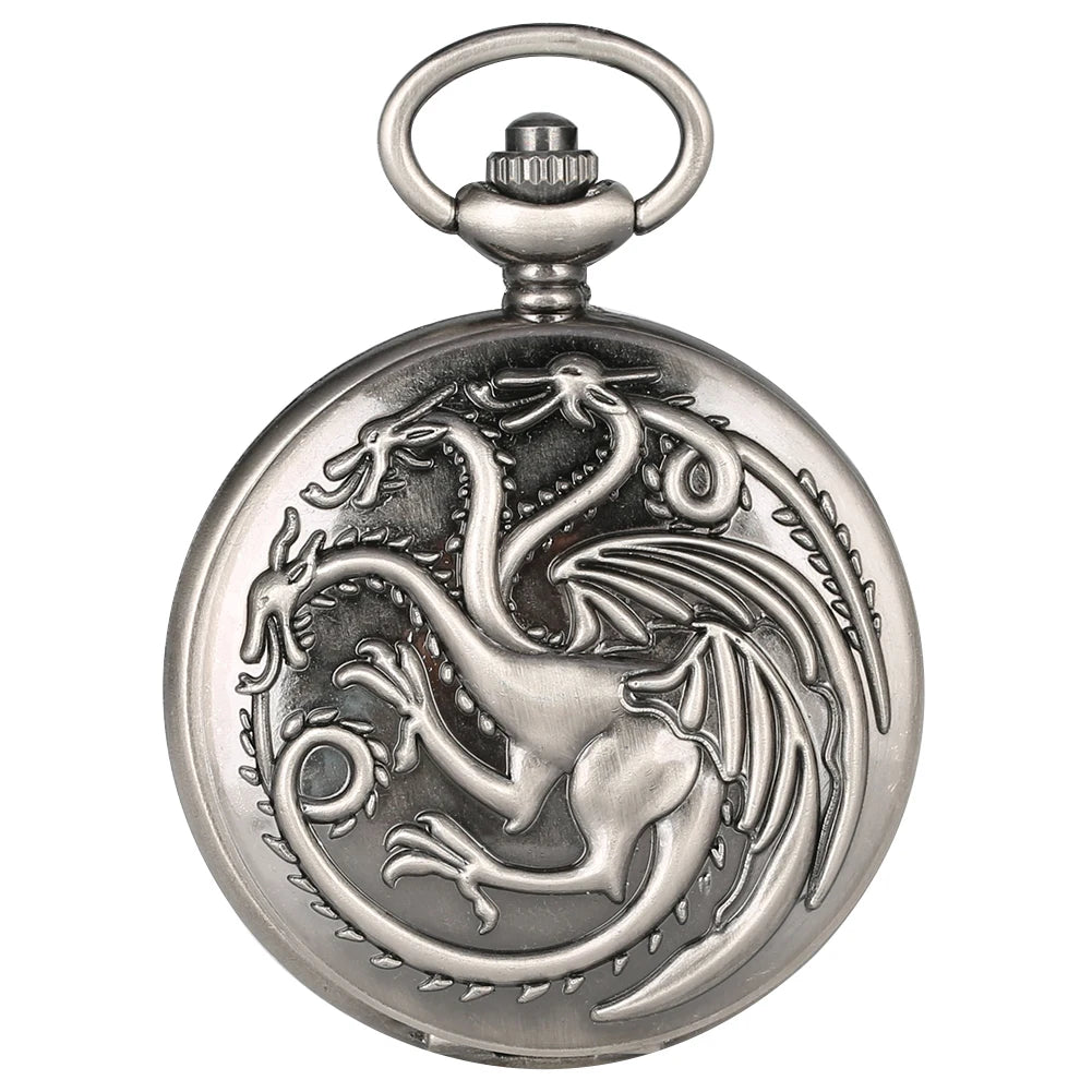 Retro Gray Three-headed Fire Dragon Necklace Quartz Pocket Watch Men Antique Nordic Amulet Pendant Women Game Movie Jewelry Hour