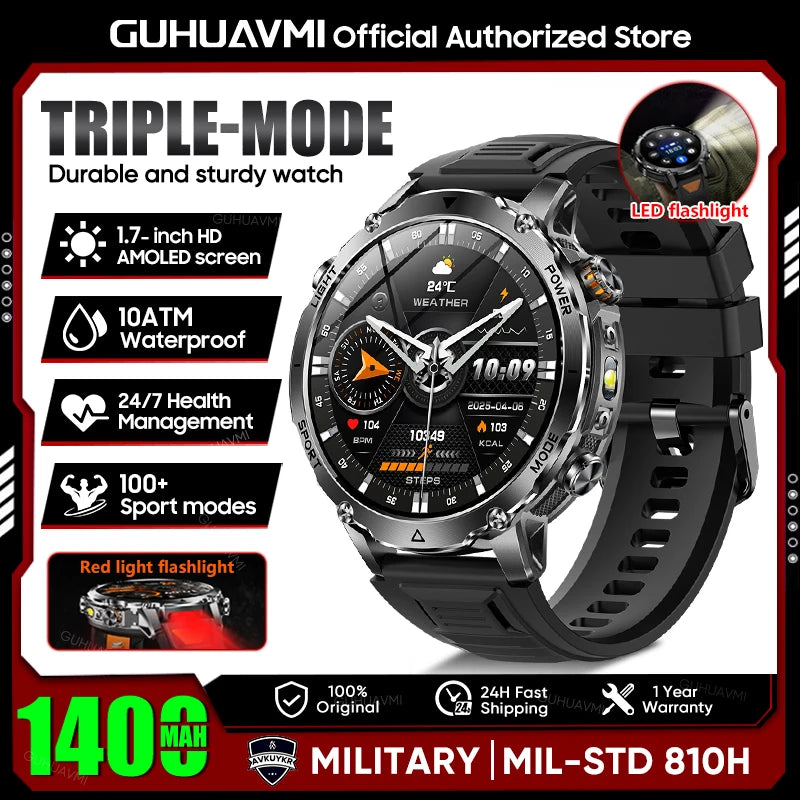 2026 Neue TANK Ultra 1400mAh Akku Militär Smartwatch 10ATM Wasserdicht Herzfrequenz Taktische LED Taschenlampe Herren Sportarmband