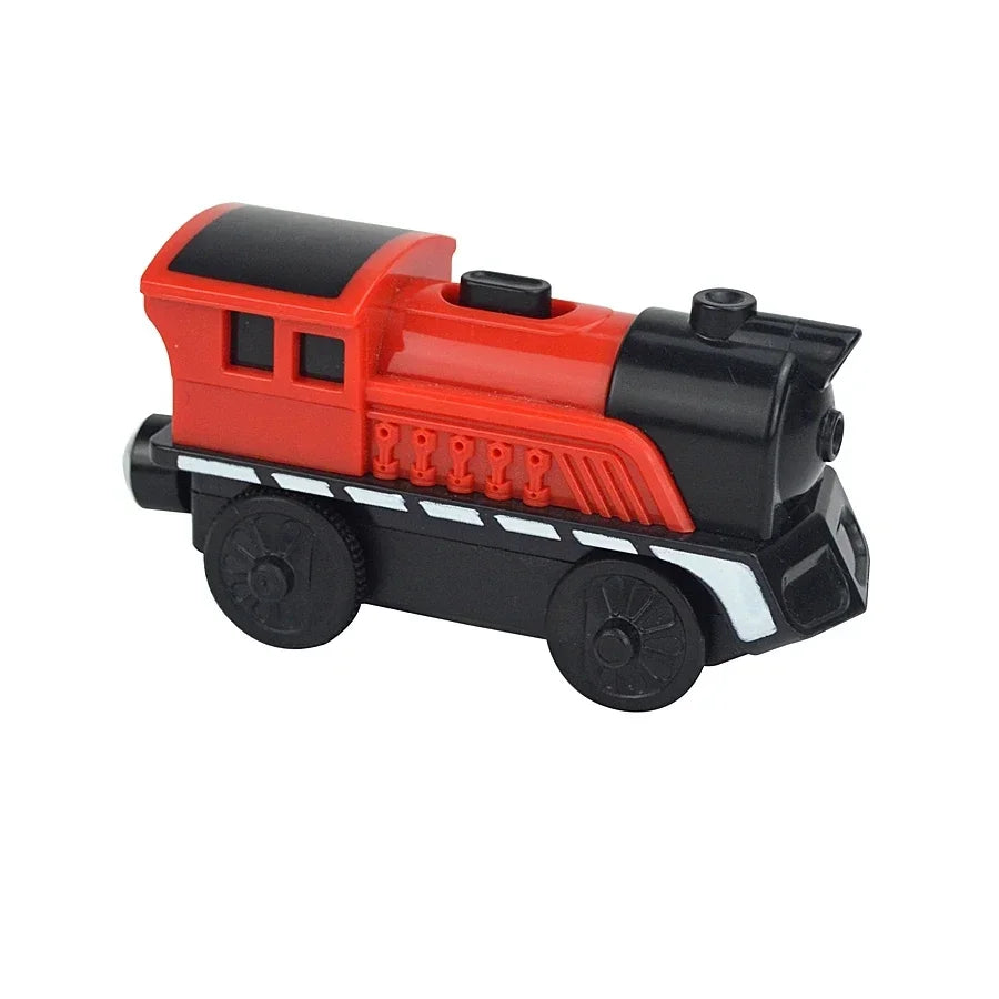 Magnetischer elektrischer Zug Lokomotive Holzeisenbahn Schlitz Diecast Eisenbahn mit zwei Waggons Zug Holz Kinderspielzeug Biro Leduo Strecke