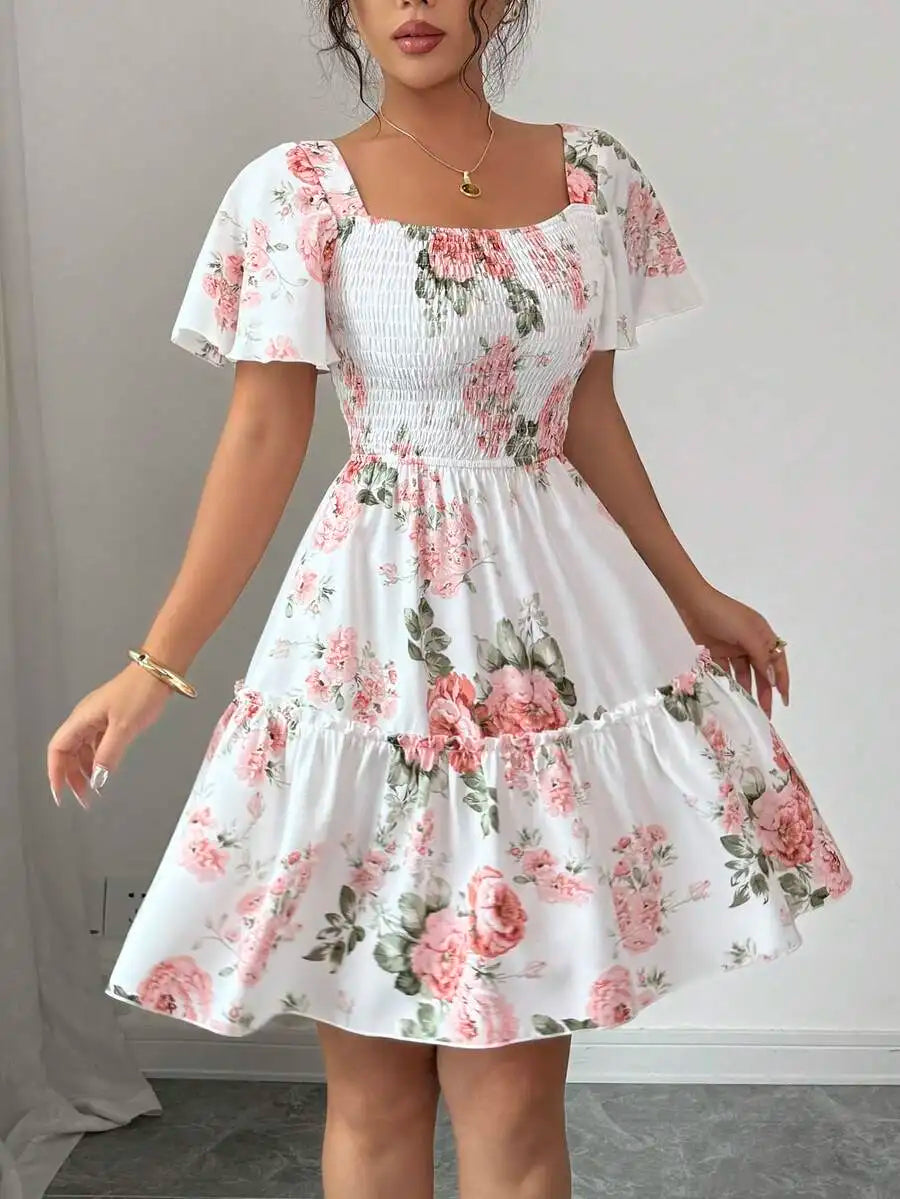 Damenkleid mit Blumenmuster, Schärpen, Rüschensaum, kurzen Ärmeln, Freizeitkleid, Damen-Abendkleider im Urlaubsstil