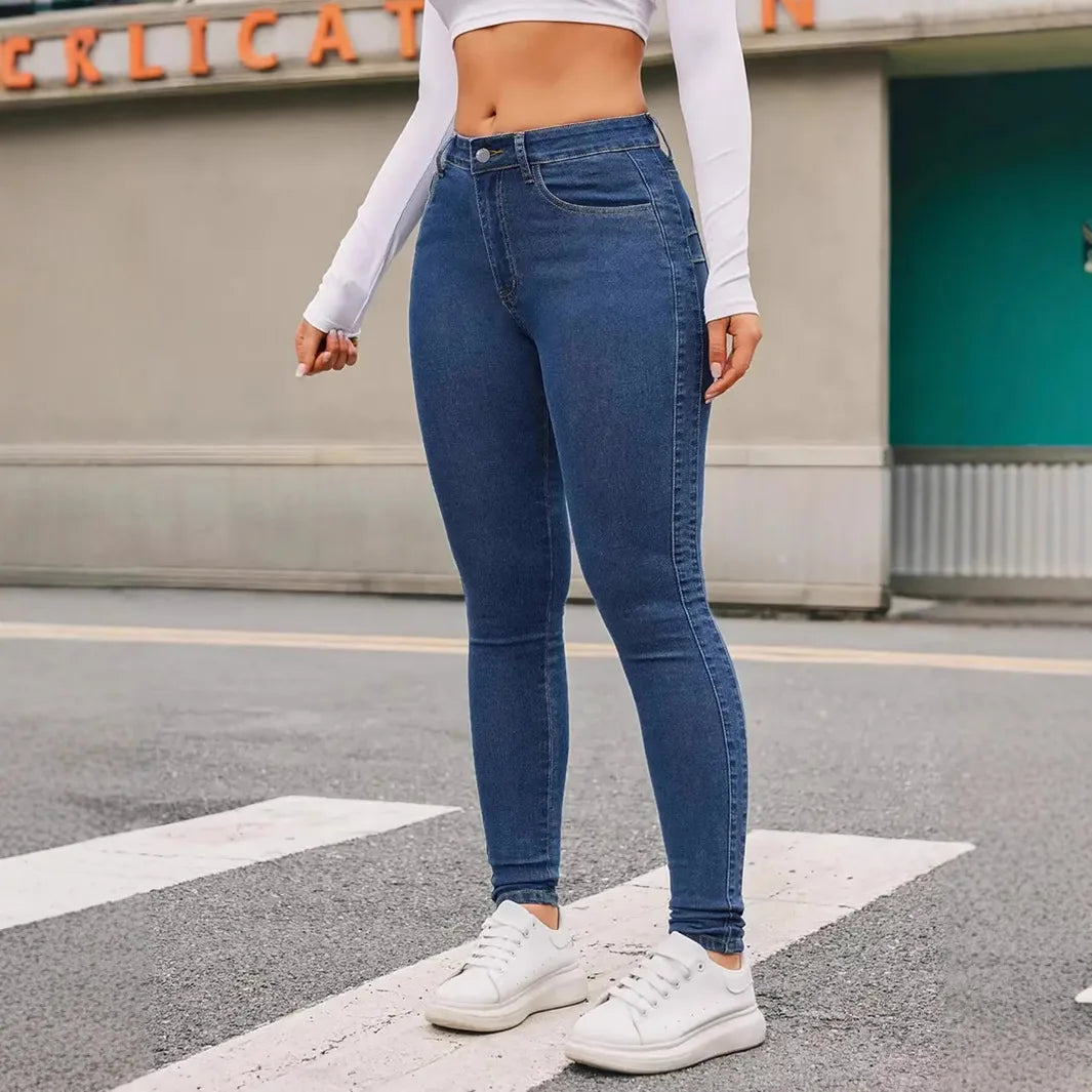 Damen High Waist Stretch-Jeans, Hüfthebend, Skinny Pencil Pants, Damen, volle Länge, schmal, einfarbig, Hose