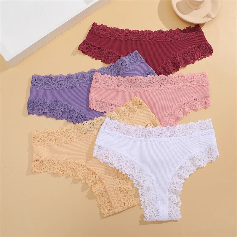 FINETOO 3er-Pack Damen Baumwollunterwäsche Slips Sexy Spitze Brasilianischer Slip Niedrige Taille Blumenmuster Einfarbig G-String Atmungsaktive Dessous