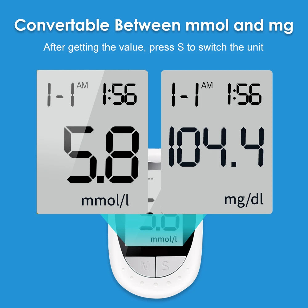 Medizinischer Blutzuckermesser 50 Blutzuckerteststreifen Lanzetten Blutzuckermessgerät Kit Zuckermonitor Glucometro für Diabetes mmol/L oder mg/dL