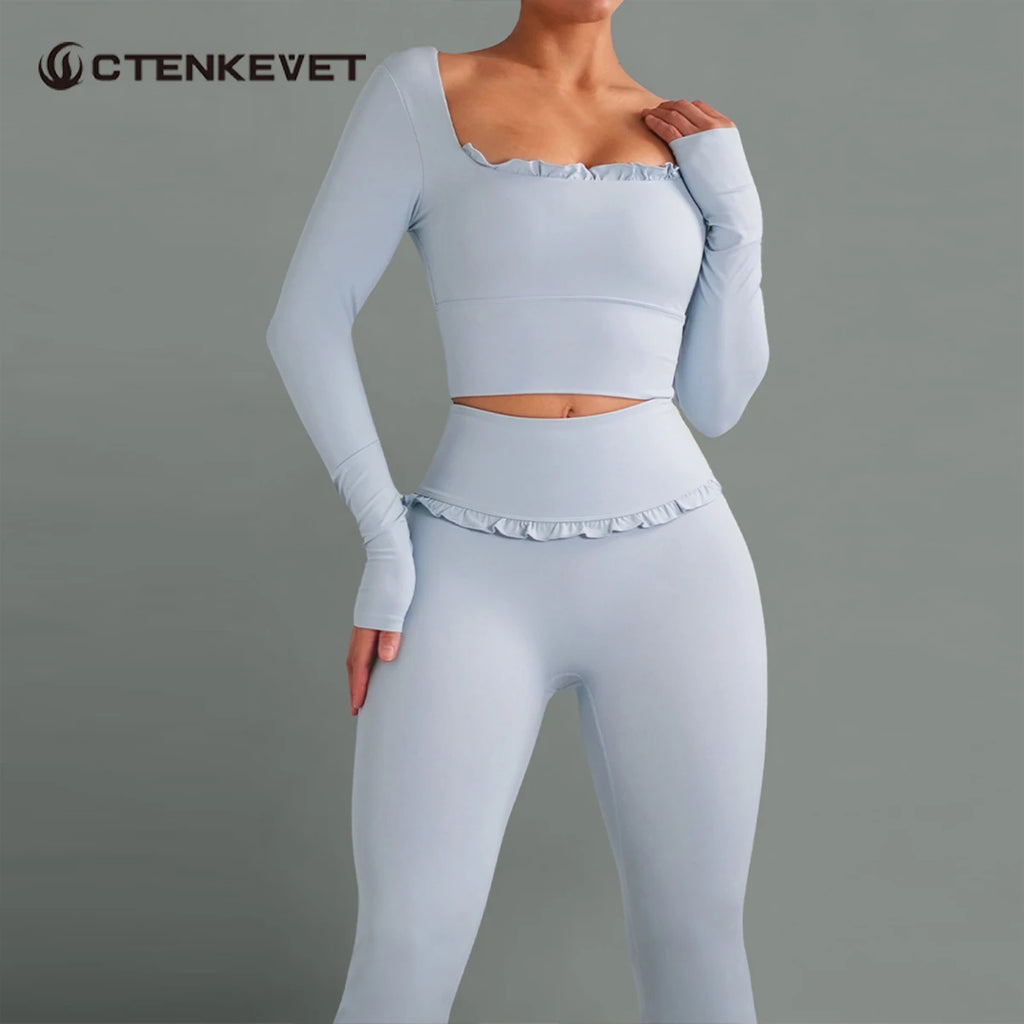 Neues Sommer 2-teiliges Damen-Fitnessstudio Yoga Damen-Outfit Outdoor Sport Schnelltrocknendes Langarmshirt-Set Damen Zweiteiler Sportbekleidung