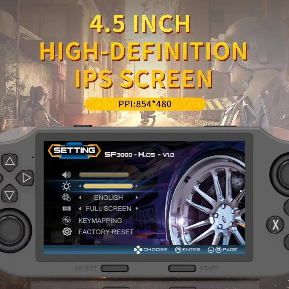 SF3000 Retro Handheld Videospielkonsole Linux System 4,5 Zoll 854*480 IPS Bildschirm 3000mAh Tragbarer Taschen-Videoplayer Spiele