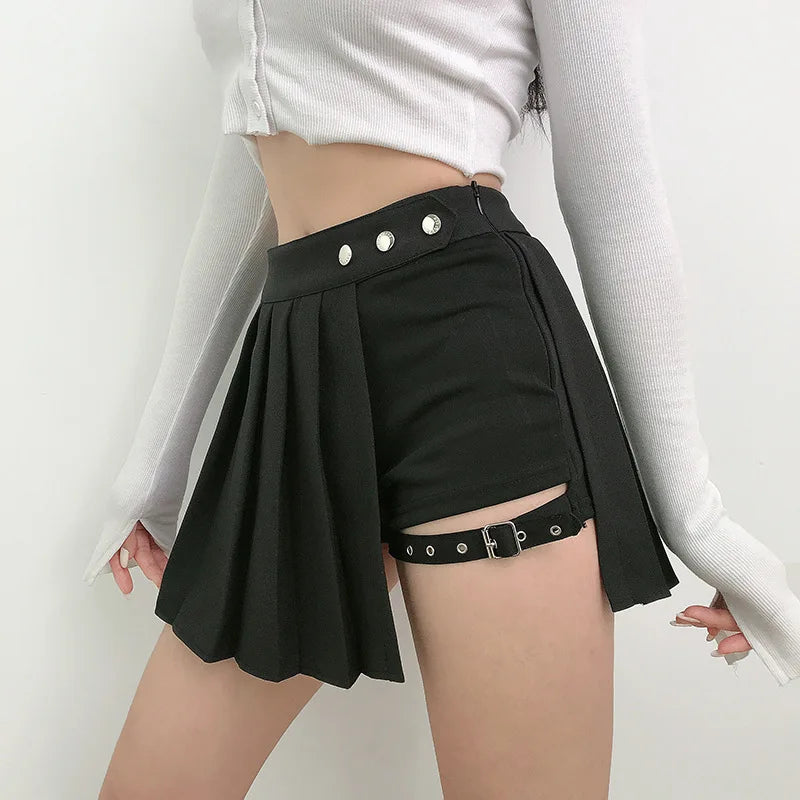 Gefaltete Mädchen Gothic Halbröcke Sommer Harajuku Punk Style Karierte Unregelmäßige Röcke Damen Asymmetrische Hohe Taille Schwarze Röcke Hauptbild