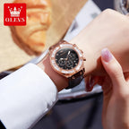 OLEVS 9978 Damenuhr, multifunktionale Quarzuhr, wasserdicht, leuchtendes Lederarmband, elegante modische Uhren für Damen, Geschenke