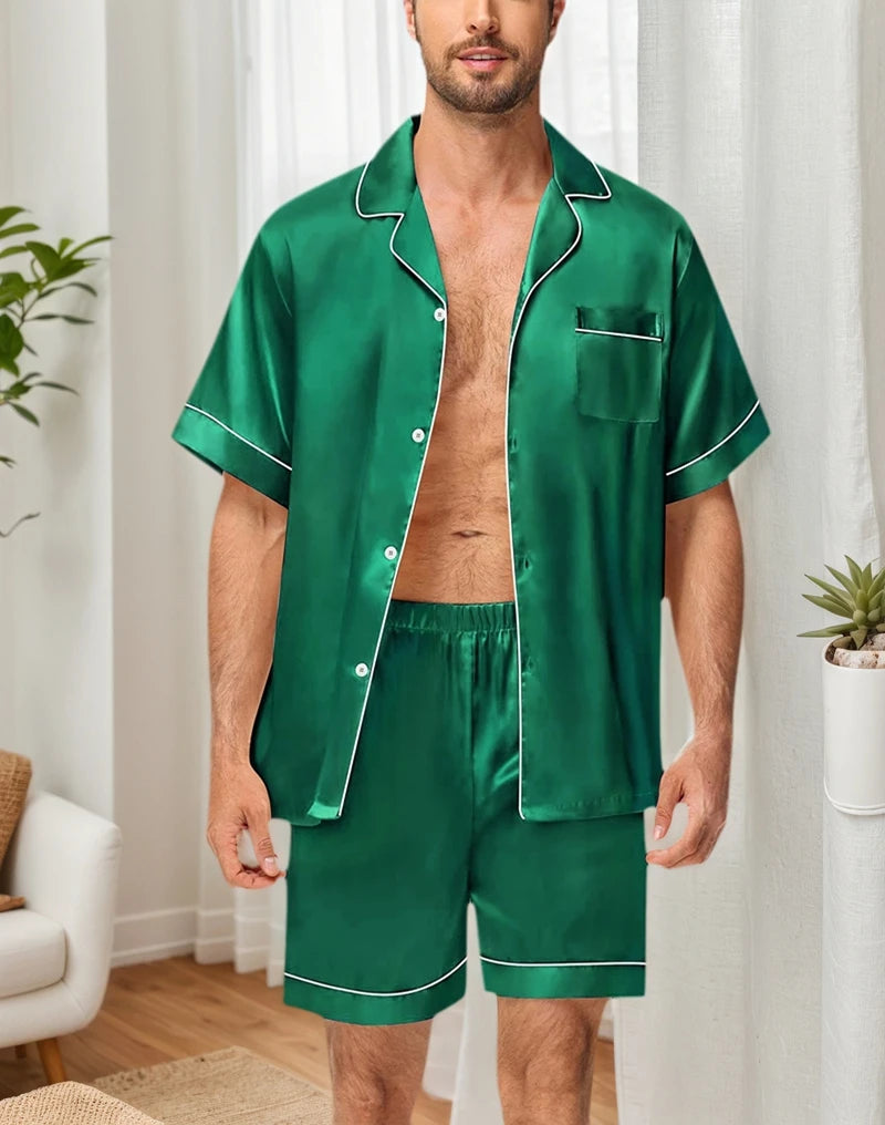 Herren Pyjama-Set aus seidigem Satin, 2-teilig, Kurzarm-Hemd mit Revers und Brusttasche und Shorts, glatter Griff, weiche Nachtwäsche, gemütliche Nachthemden
