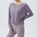 DRUR Damen Langarm Yoga T-Shirts, lockere Passform Sport Fitness Crop Tops lässig leichtes dünnes Shirt für Fitnessstudio Straße Reisen