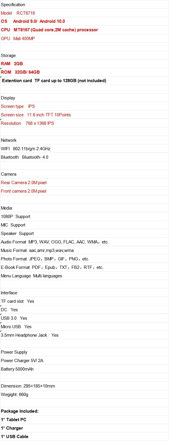 11,6 ZOLL RCT6716 WIFI Tablet PC 2GB RAM 32GB ROM Android 10.0 MT8167 CPU WIFI 768 x 1368 IPS Bildschirm Quad Core