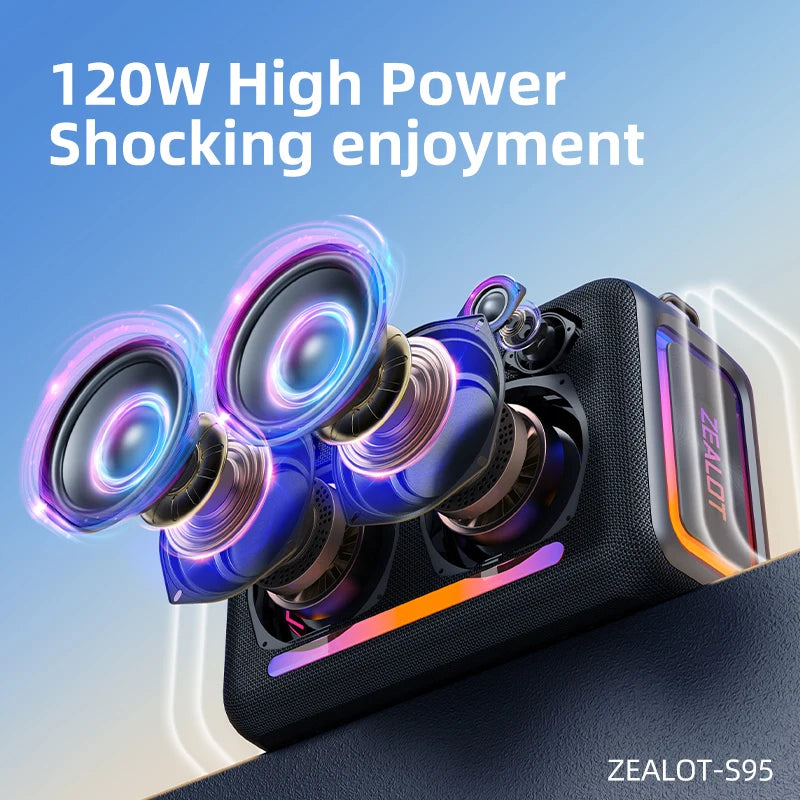 zealot-S95 Tragbarer Bluetooth-Lautsprecher Wasserdicht 120W Hohe Leistung RGB Buntes Licht Kabelloser Subwoofer 360 Stereo Surround TWS