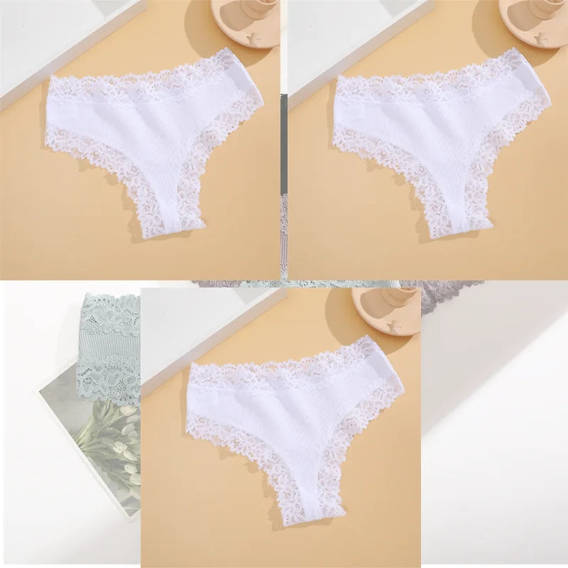 FINETOO 3er-Pack Damen Baumwollunterwäsche Slips Sexy Spitze Brasilianischer Slip Niedrige Taille Blumenmuster Einfarbig G-String Atmungsaktive Dessous