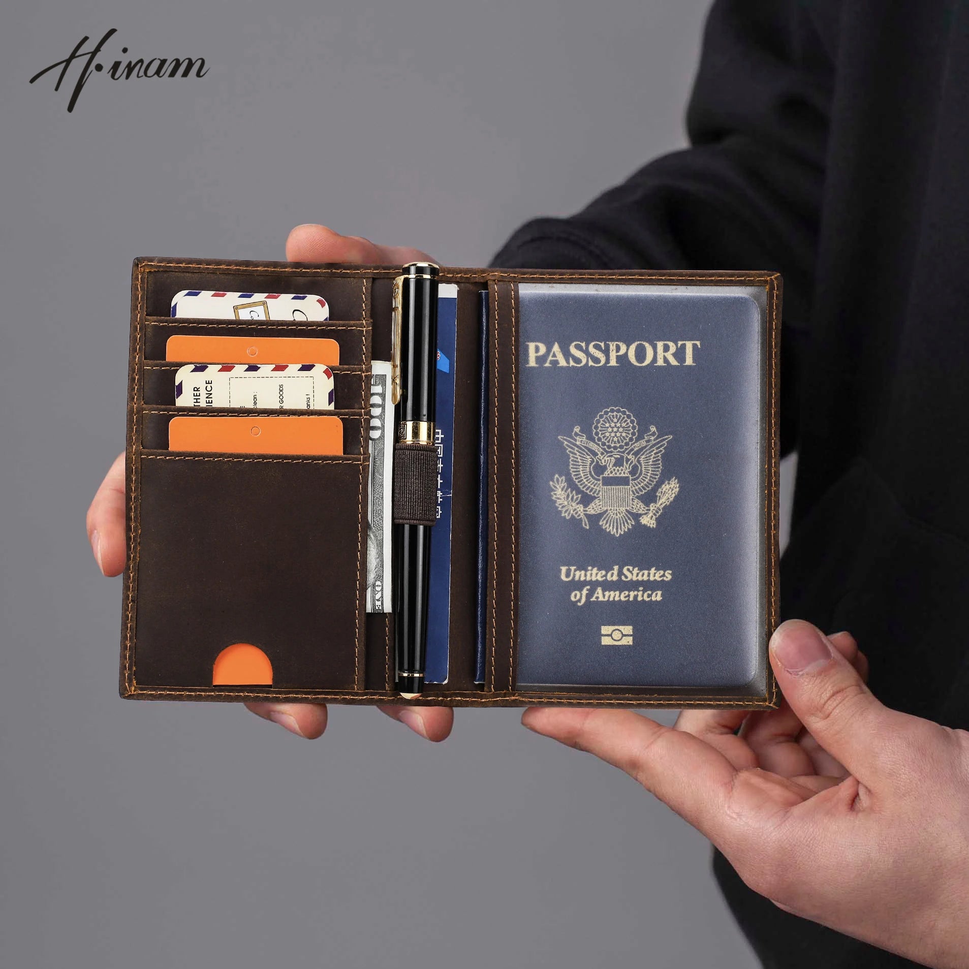 Retro Leather Passport Cover RFID Blocking For Cards Travel Passport Wallet Document Organizer Case With 1 Pen Holder Men Women Hauptbild