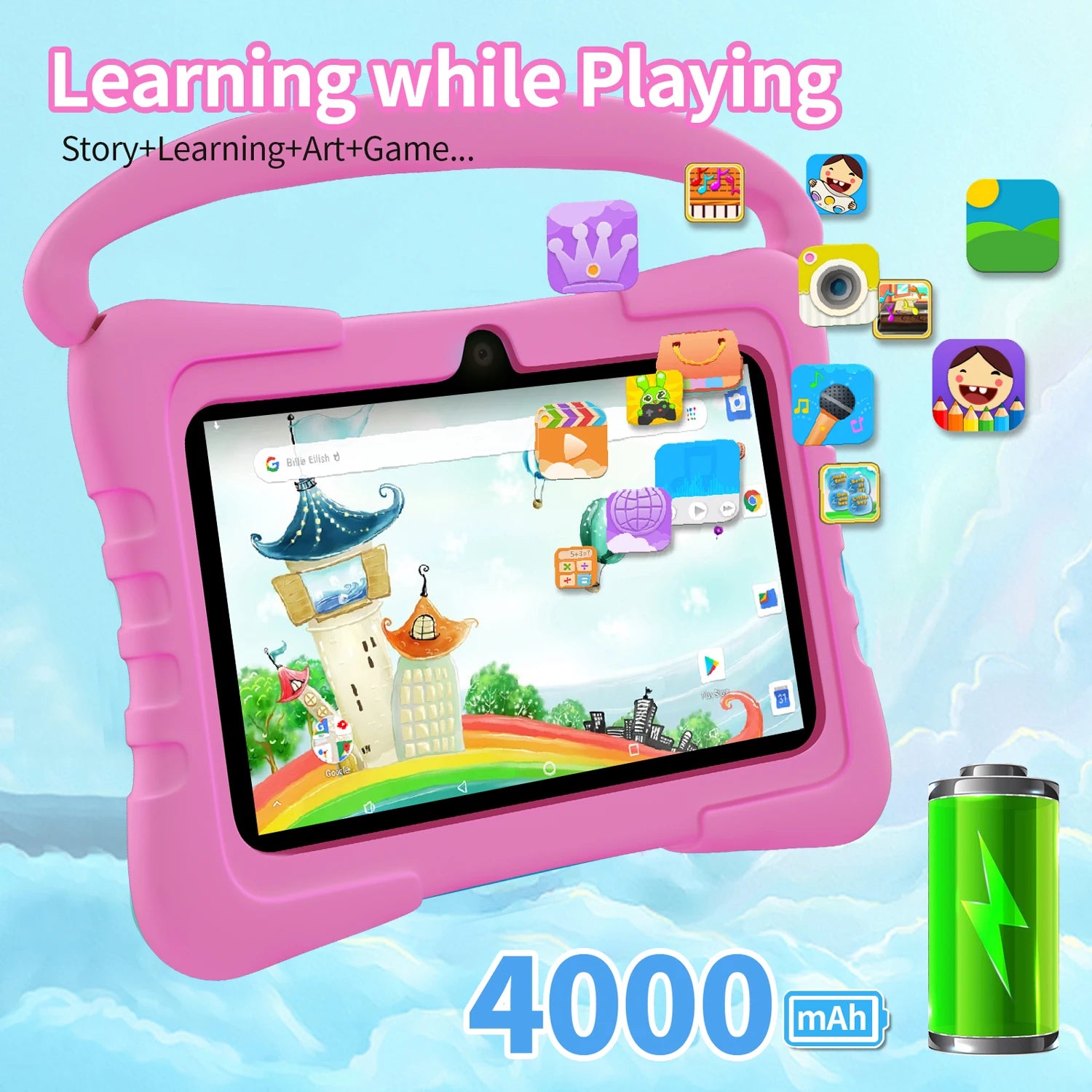 7-Zoll Kinder-Tablet Android 13 Quad Core 4GB RAM 64GB ROM 4000mAh WiFi Bluetooth Kindergeschenk Kindersoftware mit Silikonhülle