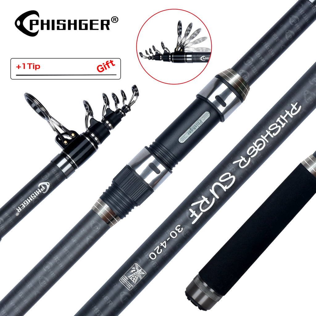 PHISHGER Teleskop-Brandungsrute 3.6/4.2/4.5/5.0/5.3m Wurfgewicht 80-150g 30T Carbon Reiserute Brandungsangeln Uferangeln Angelrute