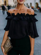 Mode Rüschen Sexy One Shoulder Damen Kurzarmshirt Sommer Neu Lässige Weite Oberteile Weibliche Elegante Vielseitige Bürobluse