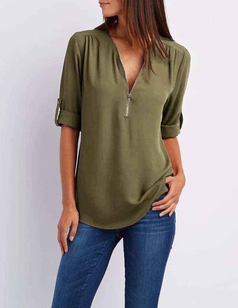 2024 Qualität Heißer Verkauf Plus Size Tiefer V-Ausschnitt Damenbluse Chiffon Coole lockere Hemd Mode Freizeit Damen Tops Sexy Reißverschluss Pullover