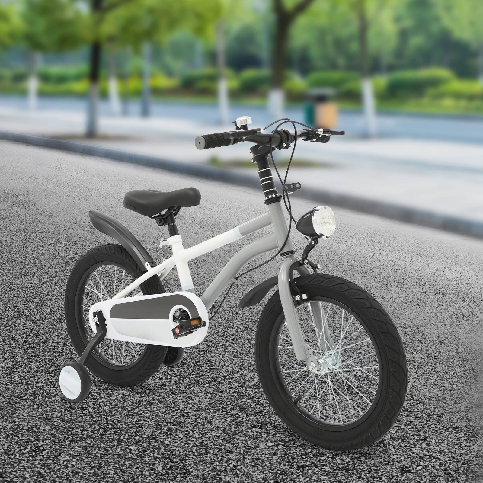 16 Zoll Kinderfahrrad Carbonstahl Mountainbike mit Stützrädern & LED-Licht für 5-8 Jahre, Höhenverstellbar, 60kg