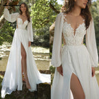 Lakshmigown Chiffon Strandhochzeitskleid 2026 Perlen Spitze Lange Ärmel V-Ausschnitt Applikationen Brautkleid Brautkleider Maßgeschneidert