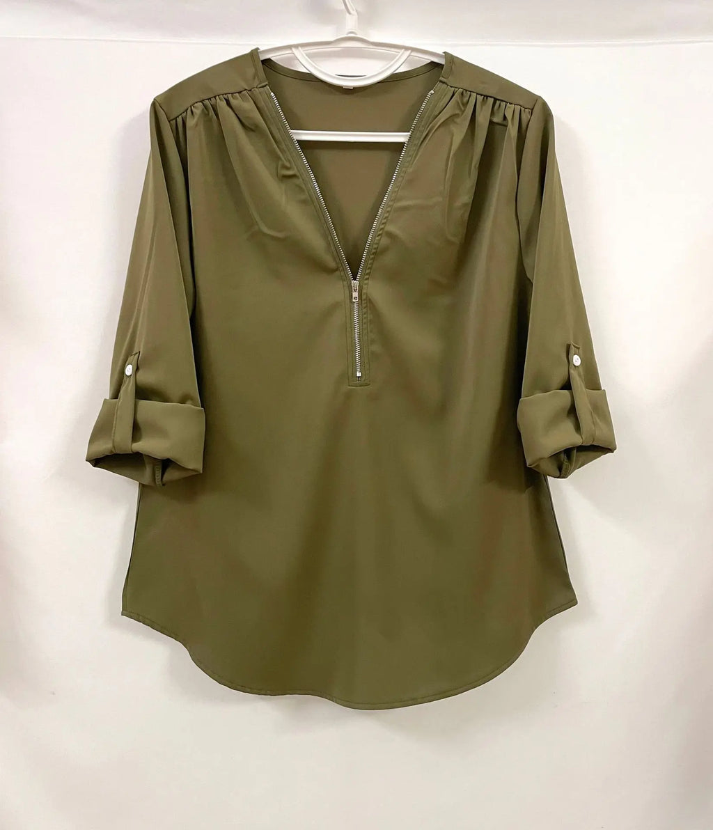 2024 Qualität Heißer Verkauf Plus Size Tiefer V-Ausschnitt Damenbluse Chiffon Coole lockere Hemd Mode Freizeit Damen Tops Sexy Reißverschluss Pullover