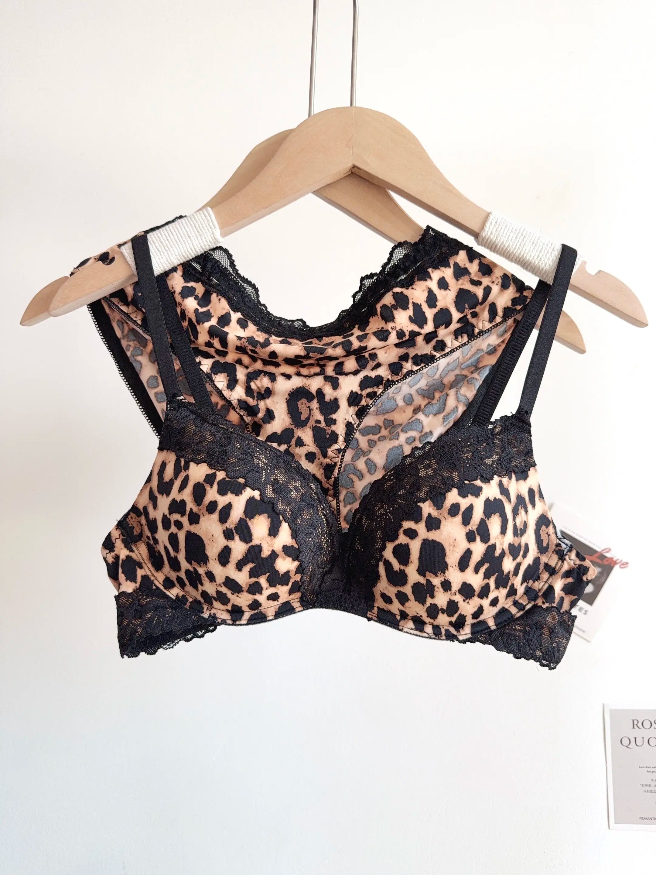 Sexy Leopard-Print-Dessous-Set für Damen, kabellos, unsichtbarer Push-Up für kleine Brüste, verstellbares A-bis-C-Körbchen, transparenter, reiner Spitzen-Look, S-XL