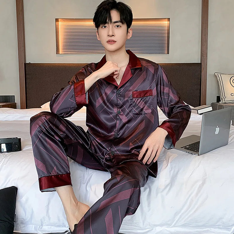 Hochwertiges Pyjama-Set Herren Frühling Herbst Dünn Polyester Eisseide Langarm Schlafanzug Übergröße Sommer Hauskleidung Männlich