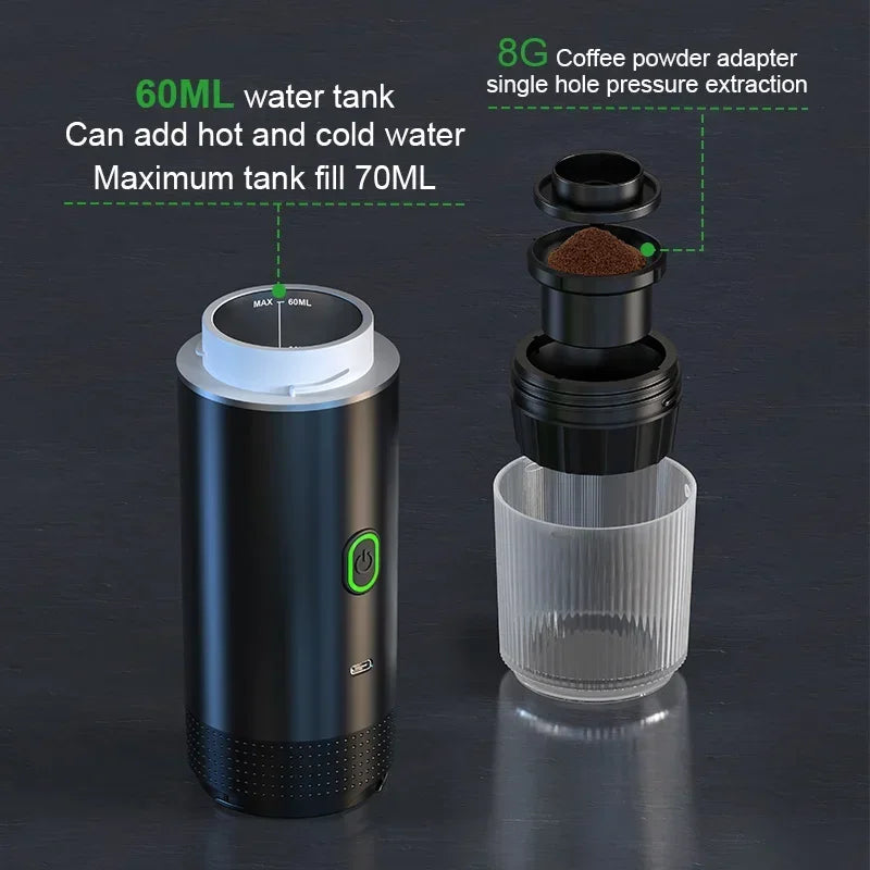 Kabellose elektrische tragbare Espresso-Kaffeemaschine für Auto & Zuhause, Camping-Kaffeemaschine, 3-in-1 Kapsel-Pulver-Reisekaffeemaschine