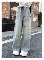 New 4-14 Years Spring Autumn Teenage Girls Jeans Full Print Bow Embroidery Fashion Wide-leg Denim Pants For Kids