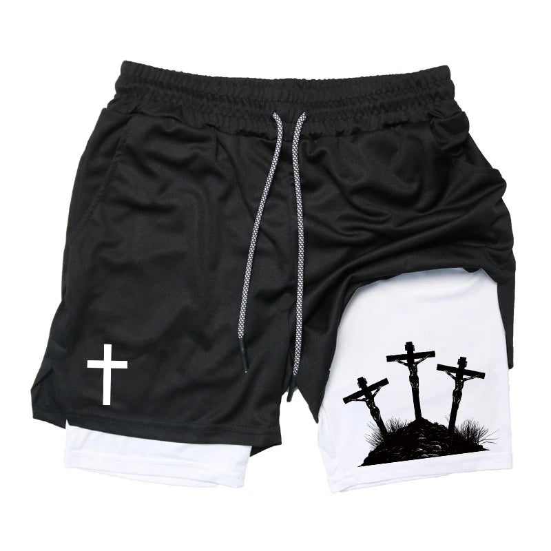 Herren-2-in-1-Lauf-Workout-Shorts mit Druck, Christian Gym Athletic Performance Shorts mit Handytasche und Handtuchschlaufe, Activewear
