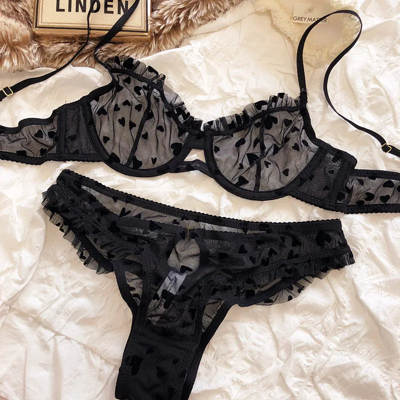 Neues Dessous-Tangas-Set, sexy, ultradünner transparenter BH, Damen-Bügel-Push-up-BH-Set, sommerliche, romantische Pfirsichherz-Unterwäsche