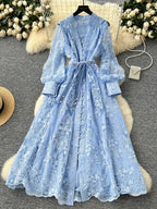 Frühlings-Herbst Französisches High-End Damenkleid Neue Spitze Stickerei V-Ausschnitt Laternenärmel Einreiher Party Geburtstagskleid C192