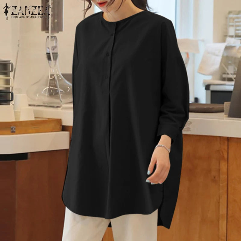 ZANZEA Mode Herbst Langarm Bluse Damen Weites Hemd Elegant Einfarbig OL Arbeitsplatten Lässig Locker Urlaub Arbeit Blusen Damen