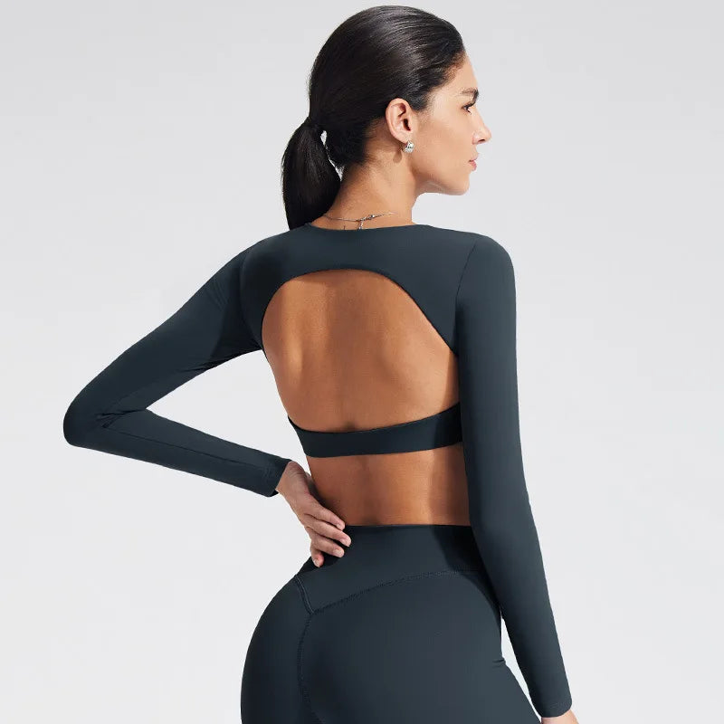 NCLAGEN Yoga-Top mit integriertem BH, langärmeliges Damen-Gym-Oberteil, rückenfreies Workout-Shirt, hochelastisches atmungsaktives Fitness-Shirt